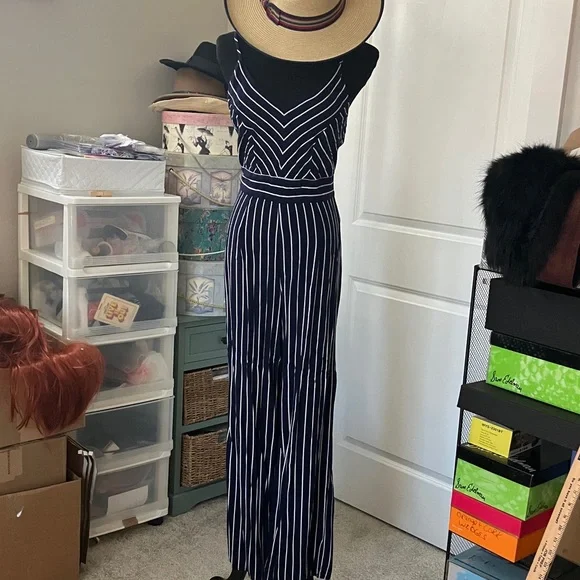 Derek Heart Navy and White Striped Jumpsuit - Picture 1 of 9